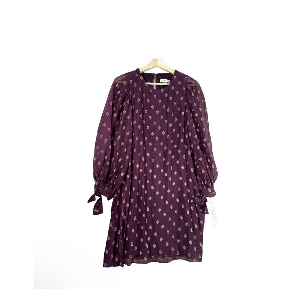 NEW Calvin Klein Shift Dress Women Sz 4 Purple Tie Cuffs Balloon Sleeve Holiday